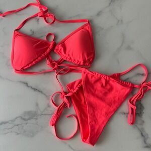 Fabletics Neon Pink Tie Side Bikini Swimsuit Set‎ Women's Size S